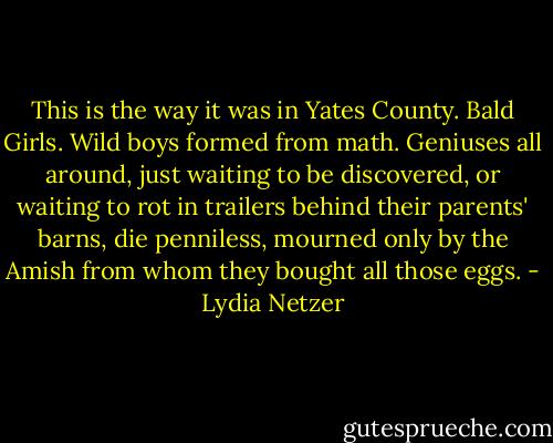 This is the way it was in Yates County. Bald Girls. Wild boys formed from math. Geniuses all around, just waiting to be discovered, or waiting to rot in trailers behind their parents' barns, die penniless, mourned only by the Amish from whom they bought all those eggs. - Lydia Netzer
