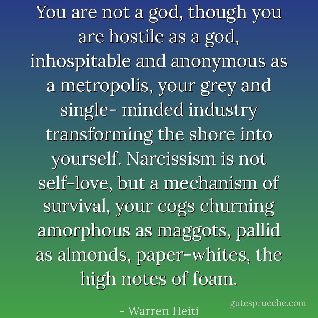 You are not a god, though you are hostile<br />as a god, inhospitable and anonymous<br />as a metropolis, your grey and single-<br />minded industry transforming the shore<br />into yourself. Narcissism is not<br />self-love, but a mechanism of survival,<br />your cogs churning amorphous as maggots,<br />pallid as almonds, paper-whites, the high<br />notes of foam. - Warren Heiti