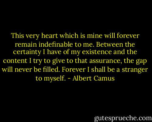 This very heart which is mine will forever remain indefinable to me. Between the certainty I have of my existence and the content I try to give to that assurance, the gap will never be filled. Forever I shall be a stranger to myself. - Albert Camus