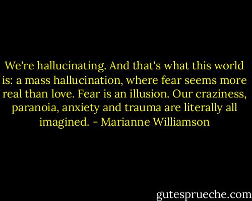 We're hallucinating. And that's what this world is: a mass hallucination, where fear seems more real than love. Fear is an illusion. Our craziness, paranoia, anxiety and trauma are literally all imagined. - Marianne Williamson