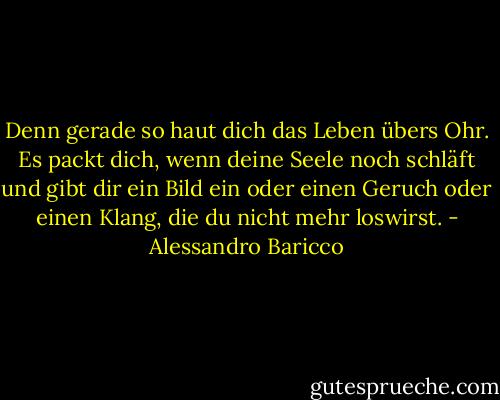 Denn gerade so haut dich das Leben übers Ohr. Es packt dich, wenn deine Seele noch schläft und gibt dir ein Bild ein oder einen Geruch oder einen Klang, die du nicht mehr loswirst. - Alessandro Baricco