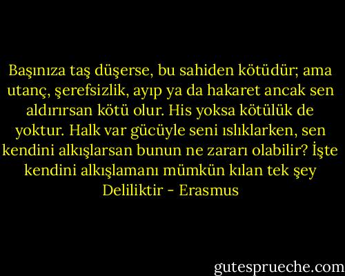 Başınıza taş düşerse, bu sahiden kötüdür; ama utanç, şerefsizlik, ayıp ya da hakaret ancak sen aldırırsan kötü olur. His yoksa kötülük de yoktur. Halk var gücüyle seni ıslıklarken, sen kendini alkışlarsan bunun ne zararı olabilir? İşte kendini alkışlamanı mümkün kılan tek şey Deliliktir - Erasmus