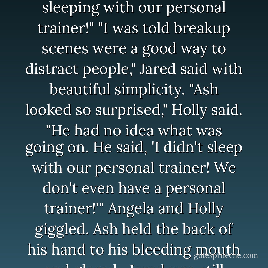 He punched me in the face," Ash said, who understandably did not seem to find the situation humorous at all. "And then he yelled at me for sleeping with our personal trainer!"<br />"I was told breakup scenes were a good way to distract people," Jared said with beautiful simplicity.<br />"Ash looked so surprised," Holly said. "He had no idea what was going on. He said, 'I didn't sleep with our personal trainer! We don't even have a personal trainer!'"<br />Angela and Holly giggled. Ash held the back of his hand to his bleeding mouth and glared. <br />Jared was still grinning like a maniac. "In that case," he told Ash solemnly, "I will consider taking you back. - Sarah Rees Brennan