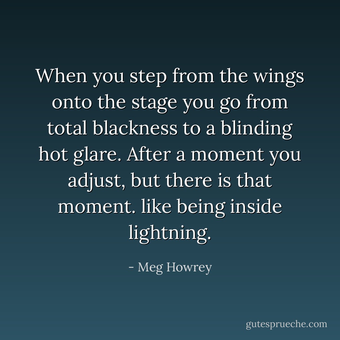 When you step from the wings onto the stage you go from total blackness to a blinding hot glare. After a moment you adjust, but there is that moment. like being inside lightning. - Meg Howrey
