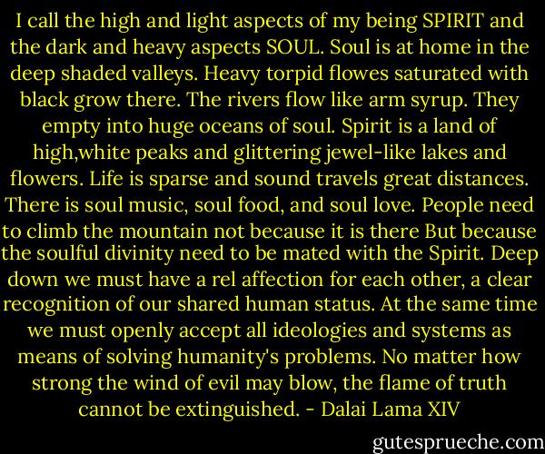 I call the high and light aspects of my being SPIRIT and the dark and heavy aspects SOUL.<br />Soul is at home in the deep shaded valleys.<br />Heavy torpid flowes saturated with black grow there.<br />The rivers flow like arm syrup. They empty into huge oceans of soul.<br />Spirit is a land of high,white peaks and glittering jewel-like lakes and flowers.<br />Life is sparse and sound travels great distances.<br />There is soul music, soul food, and soul love.<br />People need to climb the mountain not because it is there<br />But because the soulful divinity need to be mated with the Spirit.<br />Deep down we must have a rel affection for each other, a clear recognition of our shared human status. At the same time we must openly accept all ideologies and systems as means of solving humanity's problems. No matter how strong the wind of evil may blow, the flame of truth cannot be extinguished. - Dalai Lama XIV