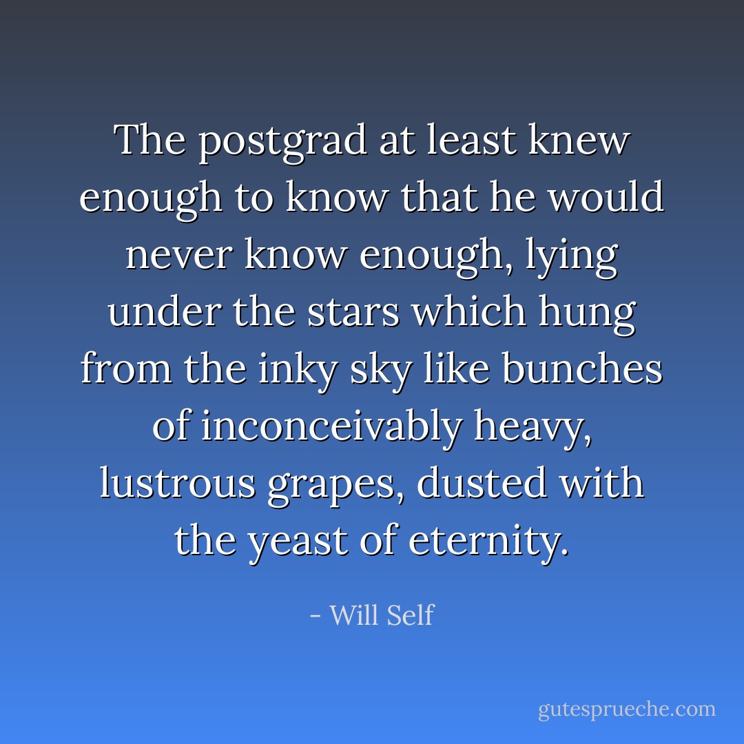 The postgrad at least knew enough to know that he would never know enough, lying under the stars which hung from the inky sky like bunches of inconceivably heavy, lustrous grapes, dusted with the yeast of eternity. - Will Self
