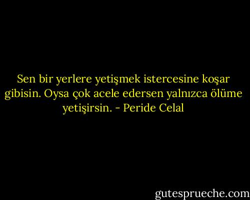 Sen bir yerlere yetişmek istercesine koşar gibisin. Oysa çok acele edersen yalnızca ölüme yetişirsin. - Peride Celal