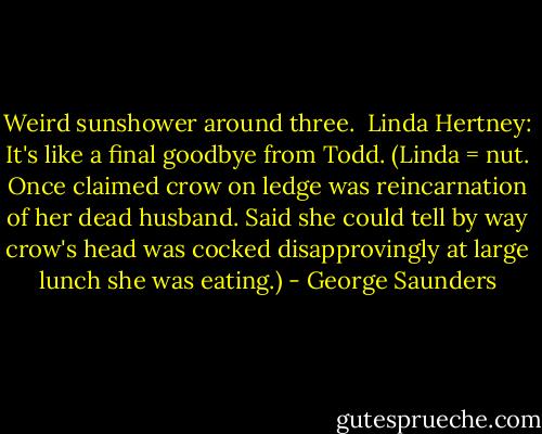 Weird sunshower around three.<br /><br />Linda Hertney: It's like a final goodbye from Todd. (Linda = nut. Once claimed crow on ledge was reincarnation of her dead husband. Said she could tell by way crow's head was cocked disapprovingly at large lunch she was eating.) - George Saunders