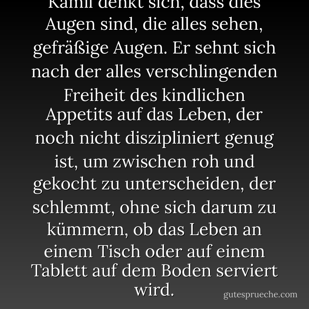 Kamil denkt sich, dass dies Augen sind, die alles sehen, gefräßige Augen. Er sehnt sich nach der alles verschlingenden Freiheit des kindlichen Appetits auf das Leben, der noch nicht diszipliniert genug ist, um zwischen roh und gekocht zu unterscheiden, der schlemmt, ohne sich darum zu kümmern, ob das Leben an einem Tisch oder auf einem Tablett auf dem Boden serviert wird. - <