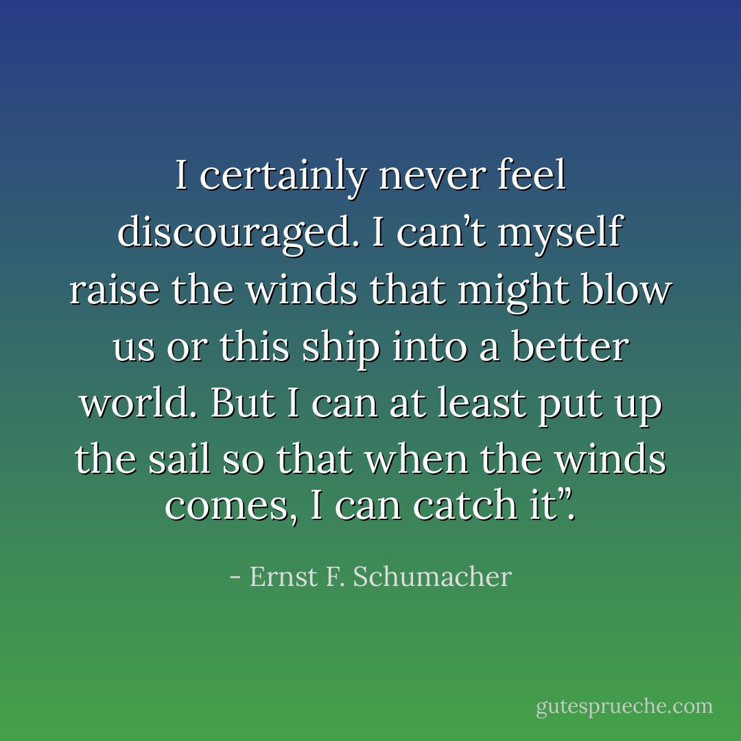 I certainly never feel discouraged. I can’t myself raise the winds that might blow us or this ship into a better world. But I can at least put up the sail so that when the winds comes, I can catch it”. - Ernst F. Schumacher