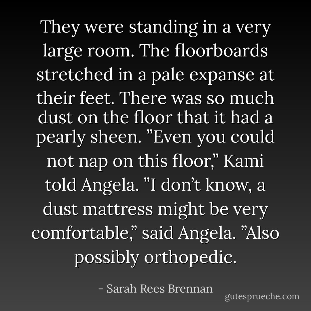 They were standing in a very large room. The floorboards stretched in a pale expanse at their feet. There was so much dust on the floor that it had a pearly sheen.<br />”Even you could not nap on this floor,” Kami told Angela.<br />”I don’t know, a dust mattress might be very comfortable,” said Angela. ”Also possibly orthopedic. - Sarah Rees Brennan