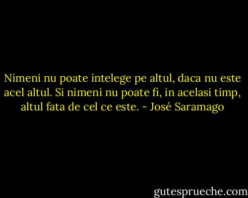 Nimeni nu poate intelege pe altul, daca nu este acel altul. Si nimeni nu poate fi, in acelasi timp, altul fata de cel ce este. - José Saramago
