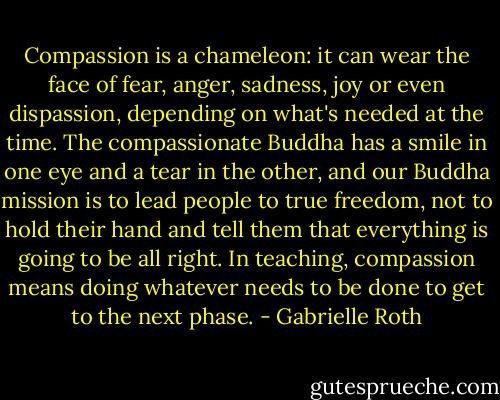 Compassion is a chameleon: it can wear the face of fear, anger, sadness, joy or even dispassion, depending on what's needed at the time. The compassionate Buddha has a smile in one eye and a tear in the other, and our Buddha mission is to lead people to true freedom, not to hold their hand and tell them that everything is going to be all right. In teaching, compassion means doing whatever needs to be done to get to the next phase. - Gabrielle Roth