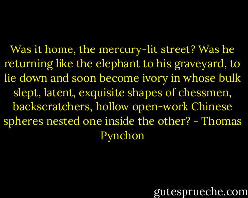 Was it home, the mercury-lit street? Was he returning like the elephant to his graveyard, to lie down and soon become ivory in whose bulk slept, latent, exquisite shapes of chessmen, backscratchers, hollow open-work Chinese spheres nested one inside the other? - Thomas Pynchon
