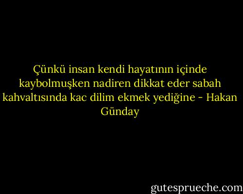 Çünkü insan kendi hayatının içinde kaybolmuşken nadiren dikkat eder sabah kahvaltısında kac dilim ekmek yediğine - Hakan Günday