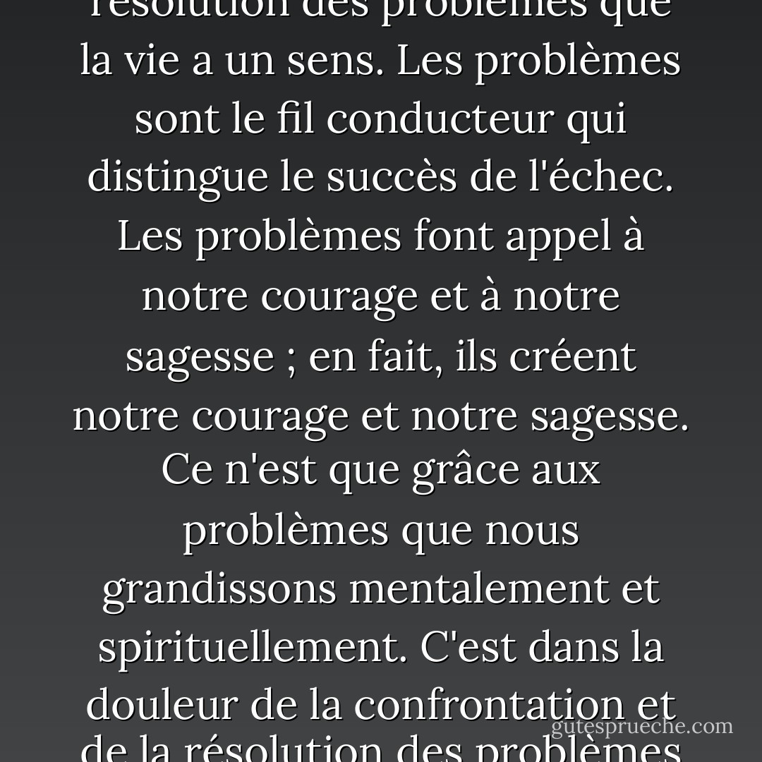 C'est dans l'ensemble du processus de rencontre et de résolution des problèmes que la vie a un sens. Les problèmes sont le fil conducteur qui distingue le succès de l'échec. Les problèmes font appel à notre courage et à notre sagesse ; en fait, ils créent notre courage et notre sagesse. Ce n'est que grâce aux problèmes que nous grandissons mentalement et spirituellement. C'est dans la douleur de la confrontation et de la résolution des problèmes que nous apprenons. - M. Scott Peck
