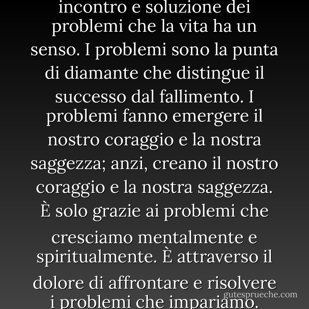 È nell'intero processo di incontro e soluzione dei problemi che la vita ha un senso. I problemi sono la punta di diamante che distingue il successo dal fallimento. I problemi fanno emergere il nostro coraggio e la nostra saggezza; anzi, creano il nostro coraggio e la nostra saggezza. È solo grazie ai problemi che cresciamo mentalmente e spiritualmente. È attraverso il dolore di affrontare e risolvere i problemi che impariamo. - M. Scott Peck