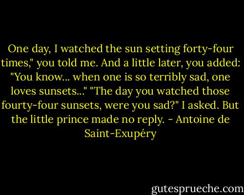 One day, I watched the sun setting forty-four times," you told me. And a little later, you added: "You know... when one is so terribly sad, one loves sunsets..."<br />"The day you watched those fourty-four sunsets, were you sad?" I asked.<br />But the little prince made no reply. - Antoine de Saint-Exupéry