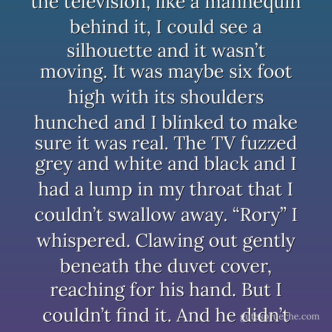 In the dark behind the glare of the television, like a mannequin behind it, I could see a silhouette and it wasn’t moving. It was maybe six foot high with its shoulders hunched and I blinked to make sure it was real. The TV fuzzed grey and white and black and I had a lump in my throat that I couldn’t swallow away. “Rory” I whispered. Clawing out gently beneath the duvet cover, reaching for his hand. But I couldn’t find it. And he didn’t answer. - Kate Chisman