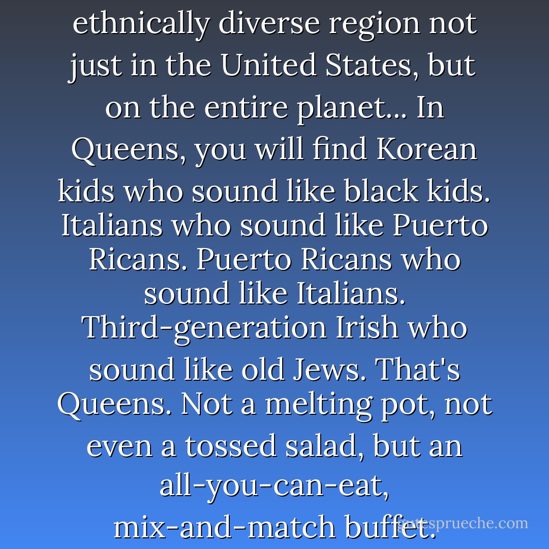 Queens, New York. The most ethnically diverse region not just in the United States, but on the entire planet... In Queens, you will find Korean kids who sound like black kids. Italians who sound like Puerto Ricans. Puerto Ricans who sound like Italians. Third-generation Irish who sound like old Jews. That's Queens. Not a melting pot, not even a tossed salad, but an all-you-can-eat, mix-and-match buffet. - Victor LaValle
