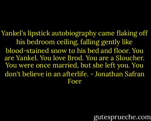 Yankel's lipstick autobiography came flaking off his bedroom ceiling, falling gently like blood-stained snow to his bed and floor. You are Yankel. You love Brod. You are a Sloucher. You were once married, but she left you. You don't believe in an afterlife. - Jonathan Safran Foer