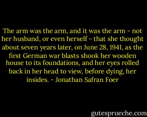 The arm was the arm, and it was the arm - not her husband, or even herself - that she thought about seven years later, on June 28, 1941, as the first German war blasts shook her wooden house to its foundations, and her eyes rolled back in her head to view, before dying, her insides. - Jonathan Safran Foer