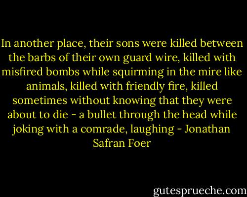 In another place, their sons were killed between the barbs of their own guard wire, killed with misfired bombs while squirming in the mire like animals, killed with friendly fire, killed sometimes without knowing that they were about to die - a bullet through the head while joking with a comrade, laughing - Jonathan Safran Foer