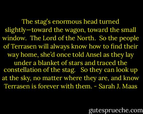 The stag’s enormous head turned slightly—toward the wagon, toward the small window.<br /><br />The Lord of the North.<br /><br />So the people of Terrasen will always know how to find their way home, she’d once told Ansel as they lay under a blanket of stars and traced the constellation of the stag. <br /><br />So they can look up at the sky, no matter where they are, and know Terrasen is forever with them. - Sarah J. Maas