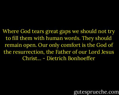 Where God tears great gaps we should not try to fill them with human words. They should remain open. Our only comfort is the God of the resurrection, the Father of our Lord Jesus Christ... - Dietrich Bonhoeffer