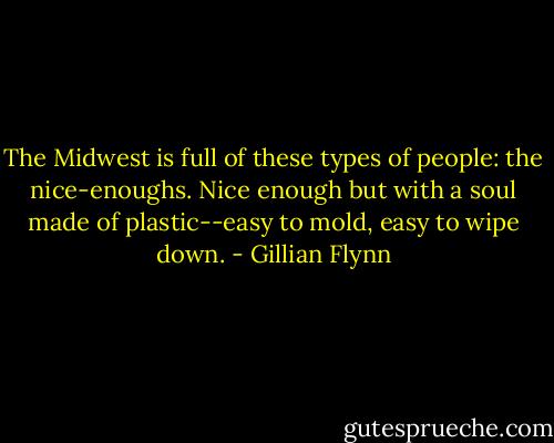 The Midwest is full of these types of people: the nice-enoughs. Nice enough but with a soul made of plastic--easy to mold, easy to wipe down. - Gillian Flynn