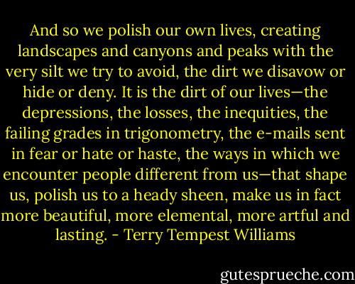 And so we polish our own lives, creating landscapes and canyons and peaks with the very silt we try to avoid, the dirt we disavow or hide or deny. It is the dirt of our lives—the depressions, the losses, the inequities, the failing grades in trigonometry, the e-mails sent in fear or hate or haste, the ways in which we encounter people different from us—that shape us, polish us to a heady sheen, make us in fact more beautiful, more elemental, more artful and lasting. - Terry Tempest Williams