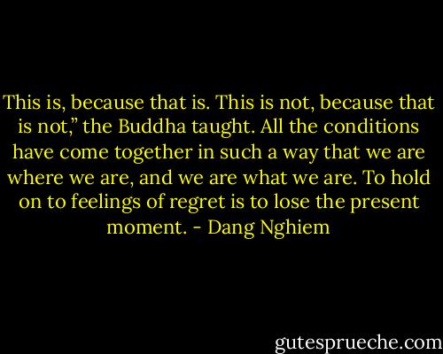 This is, because that is. This is not, because that is not,” the Buddha taught. All the conditions have come together in such a way that we are where we are, and we are what we are. To hold on to feelings of regret is to lose the present moment. - Dang Nghiem
