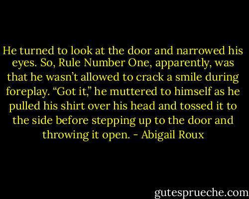 He turned to look at the door and narrowed his eyes. So, Rule Number One, apparently, was that he wasn’t allowed to crack a smile during foreplay. “Got it,” he muttered to himself as he pulled his shirt over his head and tossed it to the side before stepping up to the door and throwing it open. - Abigail Roux