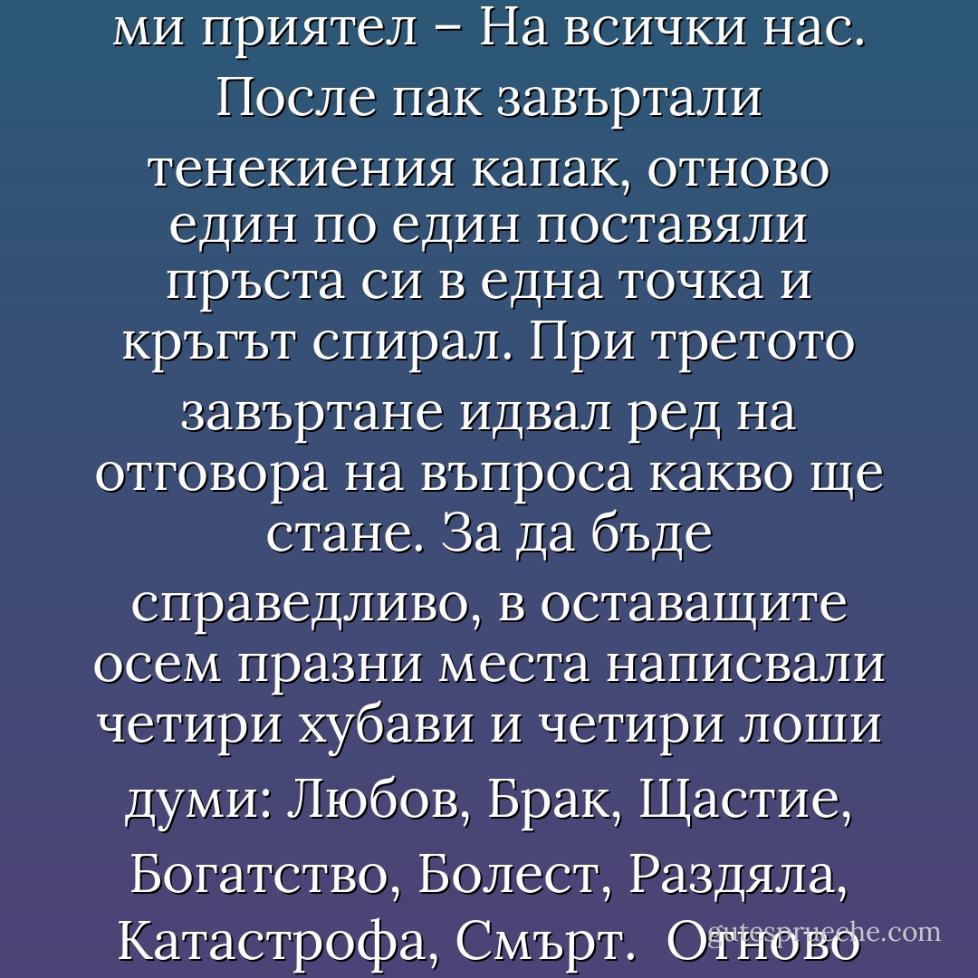 Окръжността не е нито хоризонтална, нито вертикална. Нито е край, нито е начало. Можете да влезете в окръжността отвсякъде, стига да не сметнете мястото за начало. Няма начална точка, няма край. Откъдето и да тръгнете, винаги има минало. Лично аз не знаех, но чух от един мъдър човек, че навремето, когато кофите за смет в Истанбул били кръгли и с тенекиени капаци, младежите се забавлявали с една игра. Събирали се определен брой момчета и момичета – нито прекалено много, нито пък малко, а точно колкото е необходимо и непременно четно число.<br /><br />Върху кръглия тенекиен капак на кофата за боклук предварително означавали четири различни посоки. И за да отговорят на въпроса кога, във всяка посока изписвали с тебешир четири различни думи: Веднага – Утре – Много скоро – Никога. Бързо завъртали капака с помощта на дръжката по средата и играчът, който е на ред, светкавично слагал пръста си в една точка и спирал кръга. Всеки участник минавал по веднъж през този етап и така откривал за себе си кое точно е неговото време.<br /><br />При втория тур пишели четири отговора на въпроса на кого така, че да се паднат равномерно в средата на четирите посоки: На мен – На моята любов – На най-добрия ми приятел – На всички нас. После пак завъртали тенекиения капак, отново един по един поставяли пръста си в една точка и кръгът спирал. При третото завъртане идвал ред на отговора на въпроса какво ще стане. За да бъде справедливо, в оставащите осем празни места написвали четири хубави и четири лоши думи: Любов, Брак, Щастие, Богатство, Болест, Раздяла, Катастрофа, Смърт.<br /><br />Отново завъртали капака и най-после достигали до дългоочакваните отговори на въпроса кога на кого какво ще се случи: На мен – Богатство – Много скоро – На любимия ми – Щастие – Утре – На най-добрия ми приятел – Брак – Веднага – На всички ни – Раздяла – Никога… Не е трудно да започнеш. Като направя някои дребни промени в начина, по който се играе, мога да използвам тази идея. Първо, трябва да намеря времето на разказа: Вчера – Днес – Утре – В безкрайността.<br /><br />След това едно по едно трябва да спомена местата, които са свързани с историята: Мястото, на което дойдох – Мястото, на което се намирам – Мястото, на което отивам – Никое място. И така, идва ред на играчите: Аз – Един от нас – Всички ние – Нито един от нас. Накрая, без да нарушавам равновесието четири по четири, трябва да подредя вероятните резултати в останалите празни места. И по този начин, ако завъртя четири поредни пъти кръглия тенекиен капак на кофата за боклук, ще успея да направя едно хубаво изречение, с което да започна: „През пролетта на 2002 г. в Истанбул един от нас умря без време и линията се затвори в пълен кръг. - Elif Shafak