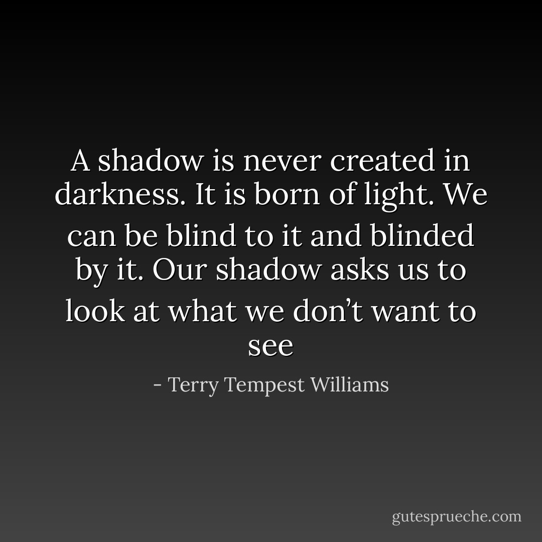 A shadow is never created in darkness. It is born of light. We can be blind to it and blinded by it. Our shadow asks us to look at what we don’t want to see - Terry Tempest Williams
