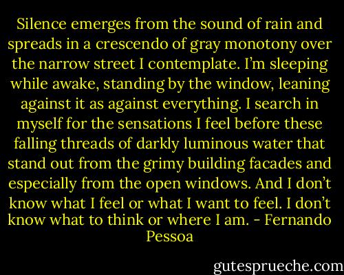Silence emerges from the sound of rain and spreads in a crescendo of gray monotony over the narrow street I contemplate. I’m sleeping while awake, standing by the window, leaning against it as against everything. I search in myself for the sensations I feel before these falling threads of darkly luminous water that stand out from the grimy building facades and especially from the open windows. And I don’t know what I feel or what I want to feel. I don’t know what to think or where I am. - Fernando Pessoa