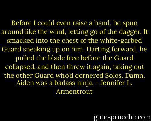 Before I could even raise a hand, he spun around like the wind, letting go of the dagger. It smacked into the chest of the white-garbed Guard sneaking up on him. Darting forward, he pulled the blade free before the Guard collapsed, and then threw it again, taking out the other Guard who’d cornered Solos.<br />Damn. Aiden was a badass ninja. - Jennifer L. Armentrout
