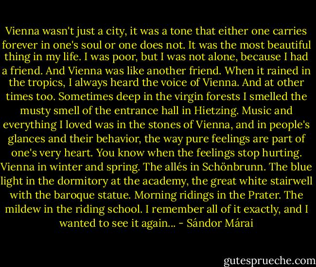 Vienna wasn't just a city, it was a tone that either one carries forever in one's soul or one does not. It was the most beautiful thing in my life. I was poor, but I was not alone, because I had a friend. And Vienna was like another friend. When it rained in the tropics, I always heard the voice of Vienna. And at other times too. Sometimes deep in the virgin forests I smelled the musty smell of the entrance hall in Hietzing. Music and everything I loved was in the stones of Vienna, and in people's glances and their behavior, the way pure feelings are part of one's very heart. You know when the feelings stop hurting. Vienna in winter and spring. The allés in Schönbrunn. The blue light in the dormitory at the academy, the great white stairwell with the baroque statue. Morning ridings in the Prater. The mildew in the riding school. I remember all of it exactly, and I wanted to see it again... - Sándor Márai