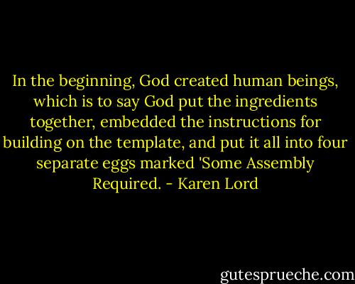 In the beginning, God created human beings, which is to say God put the ingredients together, embedded the instructions for building on the template, and put it all into four separate eggs marked 'Some Assembly Required. - Karen Lord