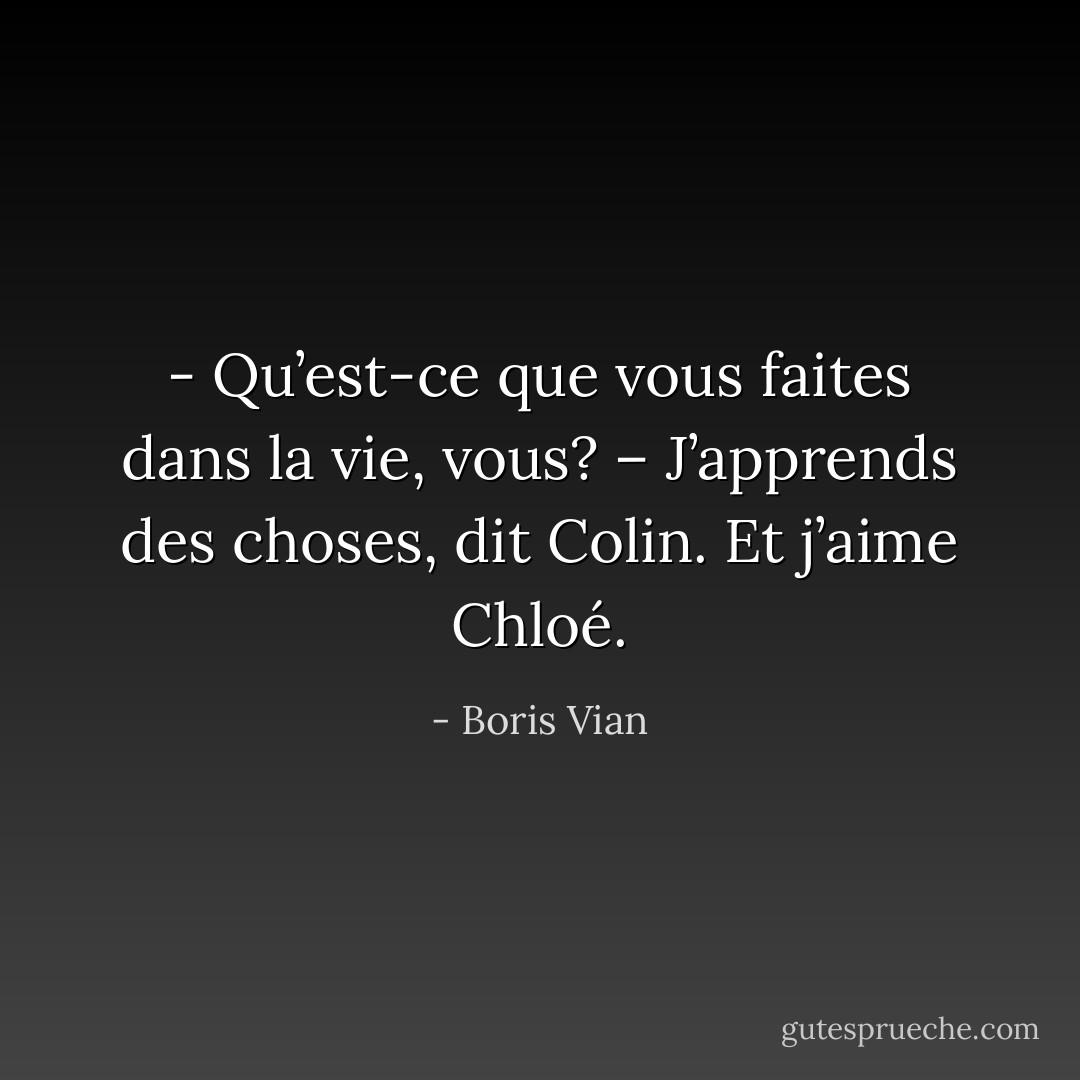 - Qu’est-ce que vous faites dans la vie, vous? – J’apprends des choses, dit Colin. Et j’aime Chloé. - Boris Vian