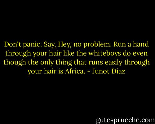 Don't panic. Say, Hey, no problem. Run a hand through your hair like the whiteboys do even though the only thing that runs easily through your hair is Africa. - Junot Díaz