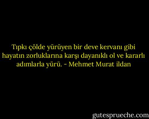 Tıpkı çölde yürüyen bir deve kervanı gibi hayatın zorluklarına karşı dayanıklı ol ve kararlı adımlarla yürü. - Mehmet Murat ildan