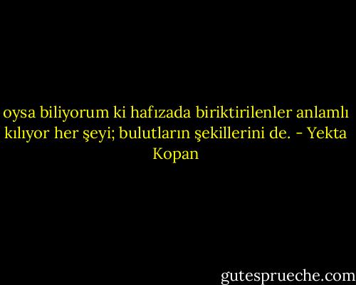 oysa biliyorum ki hafızada biriktirilenler anlamlı kılıyor her şeyi; bulutların şekillerini de. - Yekta Kopan