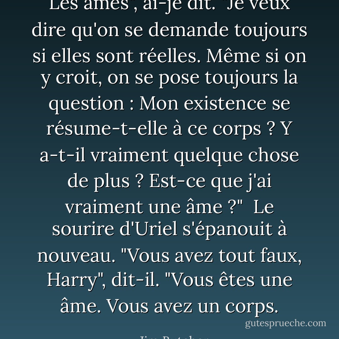 Les âmes", ai-je dit. "Je veux dire qu'on se demande toujours si elles sont réelles. Même si on y croit, on se pose toujours la question : Mon existence se résume-t-elle à ce corps ? Y a-t-il vraiment quelque chose de plus ? Est-ce que j'ai vraiment une âme ?"<br /><br />Le sourire d'Uriel s'épanouit à nouveau. "Vous avez tout faux, Harry", dit-il. "Vous <i>êtes</i> une âme. Vous <i>avez</i> un corps. - Jim Butcher