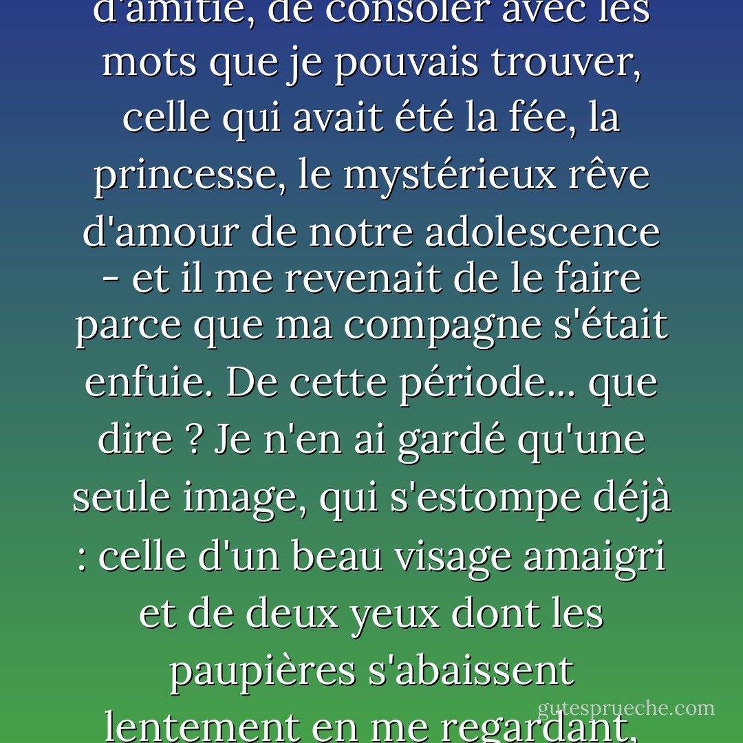 Les semaines ont passé, puis les mois. Je parle d'un temps lointain, d'un bonheur disparu. Il me revenait de me lier d'amitié, de consoler avec les mots que je pouvais trouver, celle qui avait été la fée, la princesse, le mystérieux rêve d'amour de notre adolescence - et il me revenait de le faire parce que ma compagne s'était enfuie. De cette période... que dire ? Je n'en ai gardé qu'une seule image, qui s'estompe déjà : celle d'un beau visage amaigri et de deux yeux dont les paupières s'abaissent lentement en me regardant, comme si son regard ne pouvait s'attarder que sur un monde intérieur. - Alain-Fournier
