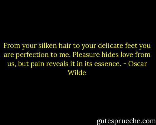 From your silken hair to your delicate feet you are perfection to me. Pleasure hides love from us, but pain reveals it in its essence. - Oscar Wilde