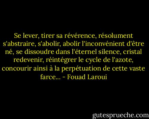 Se lever, tirer sa révérence, résolument s'abstraire, s'abolir, abolir l'inconvénient d'être né, se dissoudre dans l'éternel silence, cristal redevenir, réintégrer le cycle de l'azote, concourir ainsi à la perpétuation de cette vaste farce... - Fouad Laroui