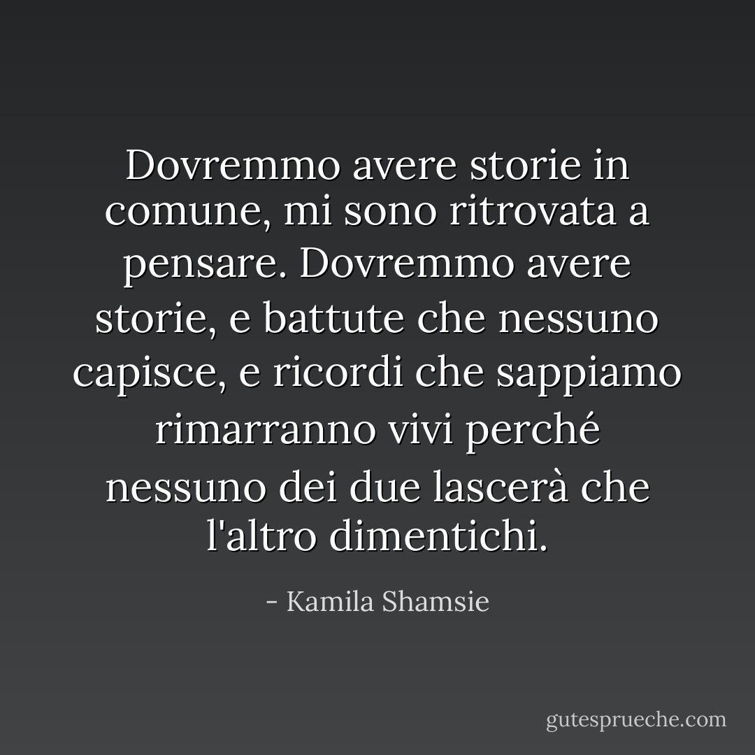 Dovremmo avere storie in comune, mi sono ritrovata a pensare. Dovremmo avere storie, e battute che nessuno capisce, e ricordi che sappiamo rimarranno vivi perché nessuno dei due lascerà che l'altro dimentichi. - Kamila Shamsie