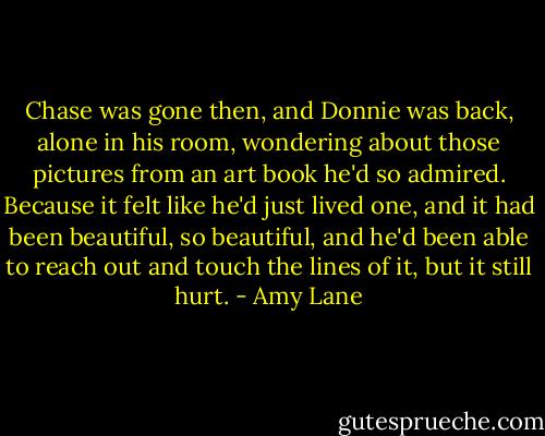 Chase was gone then, and Donnie was back, alone in his room, wondering about those pictures from an art book he'd so admired. Because it felt like he'd just lived one, and it had been beautiful, so beautiful, and he'd been able to reach out and touch the lines of it, but it still hurt. - Amy Lane