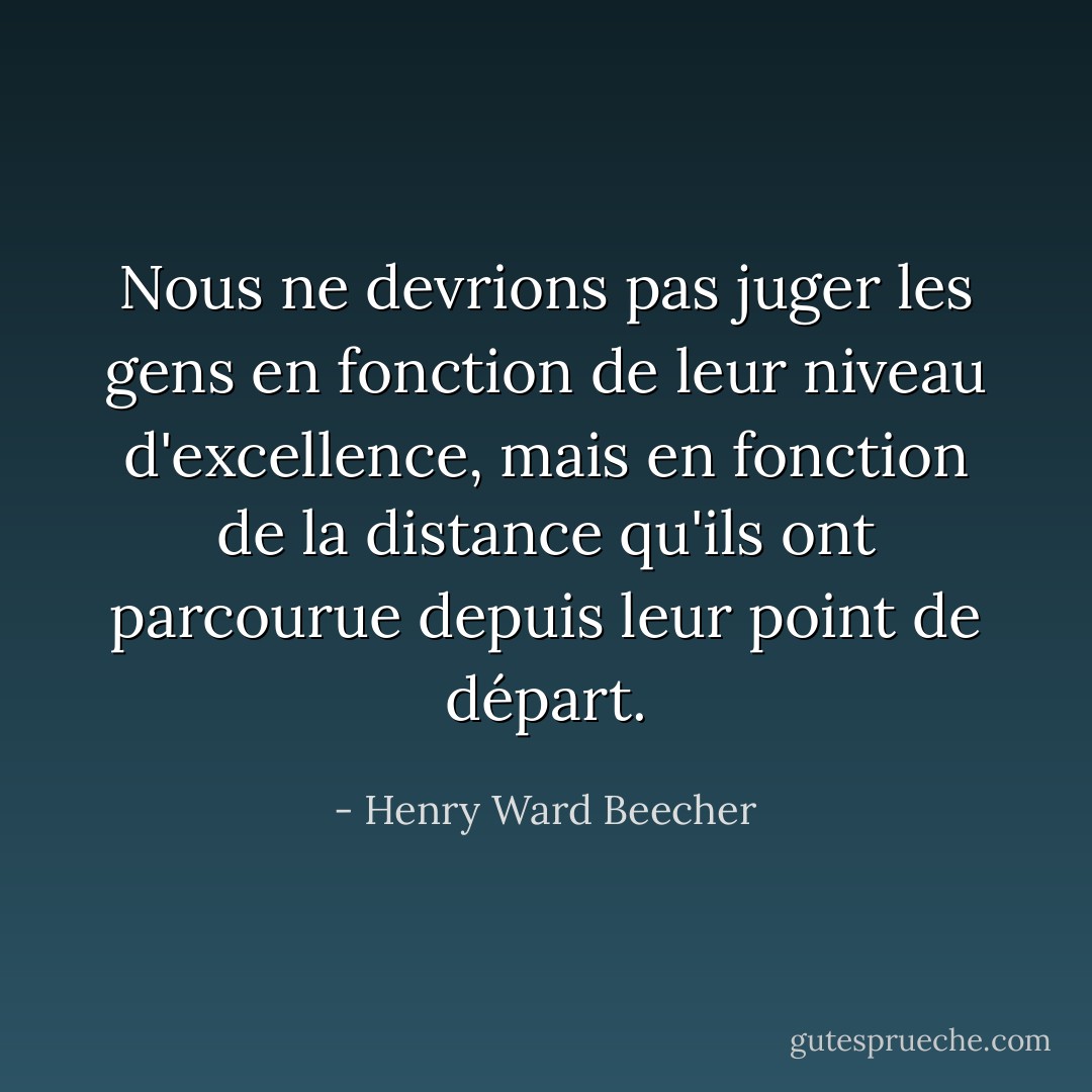 Nous ne devrions pas juger les gens en fonction de leur niveau d'excellence, mais en fonction de la distance qu'ils ont parcourue depuis leur point de départ. - Henry Ward Beecher